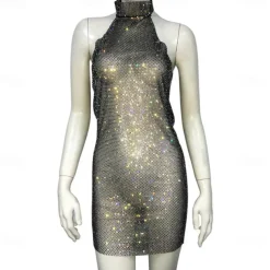 Metallic Backless Sparkle Body Chain Mini Dress Disco Solid Color Halter Neck Fancy Dress Women's Party Club Adults' Dress