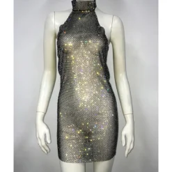 Metallic Backless Sparkle Body Chain Mini Dress Disco Solid Color Halter Neck Fancy Dress Women's Party Club Adults' Dress