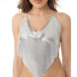 Metallic Backless Sparkle Camisole Body Chain Crop Tank Top Disco Solid Color Deep V Fancy Dress Women's Carnival Party Club Tank Top