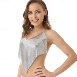 Metallic Backless Sparkle Camisole Body Chain Crop Tank Top Disco Solid Color Deep V Fancy Dress Women's Carnival Party Club Tank Top