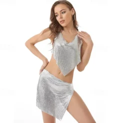 Metallic Backless Sparkle Camisole Body Chain Crop Tank Top Disco Solid Color Deep V Fancy Dress Women's Carnival Party Club Tank Top