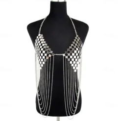 Metallic Backless Sparkle Camisole Body Chain Crop Tank Top Disco Tassel Fringe Fancy Dress Women's Carnival Party Club Adults Bra