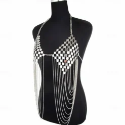 Metallic Backless Sparkle Camisole Body Chain Crop Tank Top Disco Tassel Fringe Fancy Dress Women's Carnival Party Club Adults Bra