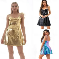 Metallic 1980s Shiny Latex Patent Mini Dress Disco Fancy Dress Women's Carnival Costume Halloween Carnival Masquerade Party / Evening Pride Parade Pride Month Adults Dress