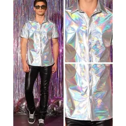 Metallic 1980s Shiny Latex Patent Shirt Disco Fancy Dress Men's Carnival Costume Halloween Carnival Masquerade Party / Evening Pride Parade Pride Month Adults Shirt