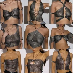 Metallic Sparkle Sexy Crop Tank Top Sheer Mesh Rhinestone Cover Up Disco Solid Color Deep V Fancy Dress Women's Carnival Party Club Adults' Tank Top