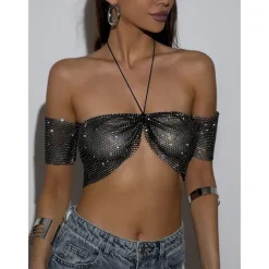 Metallic Sparkle Sexy Crop Tank Top Sheer Mesh Rhinestone Cover Up Disco Solid Color Deep V Fancy Dress Women's Carnival Party Club Adults' Tank Top