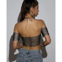 Metallic Sparkle Sexy Crop Tank Top Sheer Mesh Rhinestone Cover Up Disco Solid Color Deep V Fancy Dress Women's Carnival Party Club Adults' Tank Top