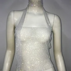 Metallic Sparkle Sexy Crop Tank Top Sheer Mesh Rhinestone Cover Up Disco Solid Color Deep V Fancy Dress Women's Carnival Party Club Adults' Tank Top