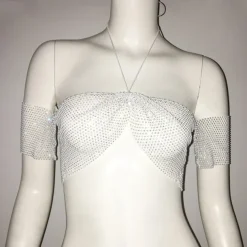 Metallic Sparkle Sexy Crop Tank Top Sheer Mesh Rhinestone Cover Up Disco Solid Color Deep V Fancy Dress Women's Carnival Party Club Adults' Tank Top