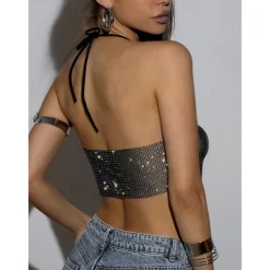 Metallic Sparkle Sexy Crop Tank Top Sheer Mesh Rhinestone Cover Up Disco Solid Color Deep V Fancy Dress Women's Carnival Party Club Adults' Tank Top