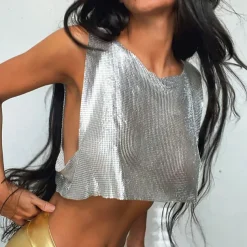 Metallic Sparkle Sexy Crop Tank Top Disco Solid Color Fancy Dress Women's Party Club Adults' Tank Top