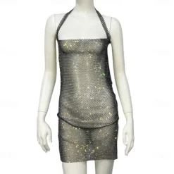 Metallic Sparkle Sexy Mini Dress Sheer Mesh Rhinestone Cover Up Disco Solid Color Fancy Dress Women's Party Club Adults' Dress Summer Spring