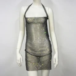 Metallic Sparkle Sexy Mini Dress Sheer Mesh Rhinestone Cover Up Disco Solid Color Fancy Dress Women's Party Club Adults' Dress Summer Spring