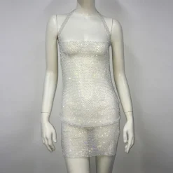Metallic Sparkle Sexy Mini Dress Sheer Mesh Rhinestone Cover Up Disco Solid Color Fancy Dress Women's Party Club Adults' Dress Summer Spring