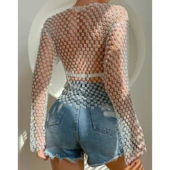 Metallic Sparkle Sexy Shirt Sheer Mesh Rhinestone Cover Up Disco Fancy Dress Women's Carnival Party Club Adults' Top