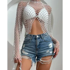 Metallic Sparkle Sexy Shirt Sheer Mesh Rhinestone Cover Up Disco Fancy Dress Women's Carnival Party Club Adults' Top