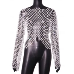 Metallic Sparkle Sexy Shirt Sheer Mesh Rhinestone Cover Up Disco Fancy Dress Women's Carnival Party Club Adults' Top