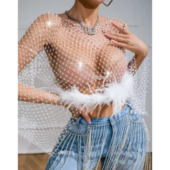 Metallic Sparkle Sexy Shirt Sheer Mesh Rhinestone Cover Up Disco Fancy Dress Women's Carnival Party Club Adults' Top
