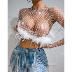 Metallic Sparkle Sexy Shirt Sheer Mesh Rhinestone Cover Up Disco Fancy Dress Women's Carnival Party Club Adults' Top