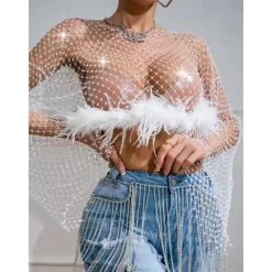 Metallic Sparkle Sexy Shirt Sheer Mesh Rhinestone Cover Up Disco Fancy Dress Women's Carnival Party Club Adults' Top