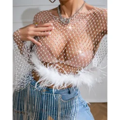 Metallic Sparkle Sexy Shirt Sheer Mesh Rhinestone Cover Up Disco Fancy Dress Women's Carnival Party Club Adults' Top
