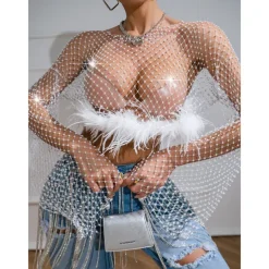 Metallic Sparkle Sexy Shirt Sheer Mesh Rhinestone Cover Up Disco Fancy Dress Women's Carnival Party Club Adults' Top