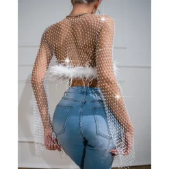 Metallic Sparkle Sexy Shirt Sheer Mesh Rhinestone Cover Up Disco Fancy Dress Women's Carnival Party Club Adults' Top