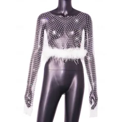 Metallic Sparkle Sexy Shirt Sheer Mesh Rhinestone Cover Up Disco Fancy Dress Women's Carnival Party Club Adults' Top