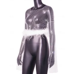 Metallic Sparkle Sexy Shirt Sheer Mesh Rhinestone Cover Up Disco Fancy Dress Women's Carnival Party Club Adults' Top