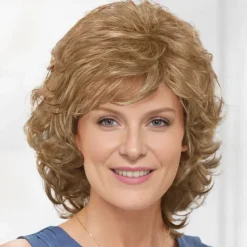 Middle Soft Wispy Layers with Sides Brushed Forward Or Back Wig For A Natural Look / Multi-tonal Shades of Blonde and Brown for White Women Fluffy Synthetic Hair