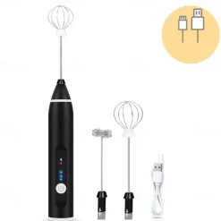 Milk Frother Handheld with 3 Heads Coffee Whisk Foam Mixer with USB Rechargeable 3 Speeds Electric Mini Hand Blender for Latte Cappuccino Hot Chocolate Egg