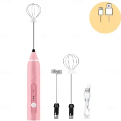 Milk Frother Handheld with 3 Heads Coffee Whisk Foam Mixer with USB Rechargeable 3 Speeds Electric Mini Hand Blender for Latte Cappuccino Hot Chocolate Egg