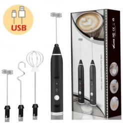 Milk Frother Handheld with 3 Heads Coffee Whisk Foam Mixer with USB Rechargeable 3 Speeds Electric Mini Hand Blender for Latte Cappuccino Hot Chocolate Egg