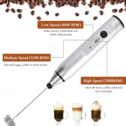 Milk Frother Handheld with 3 Heads Coffee Whisk Foam Mixer with USB Rechargeable 3 Speeds Electric Mini Hand Blender for Latte Cappuccino Hot Chocolate Egg