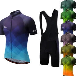 Miloto Men's Cycling Jersey with Bib Shorts Short Sleeve Mountain Bike MTB Road Bike Cycling Black White Yellow Gradient Plaid Checkered Bike Clothing Suit 3D Pad Breathable Quick Dry Reflective