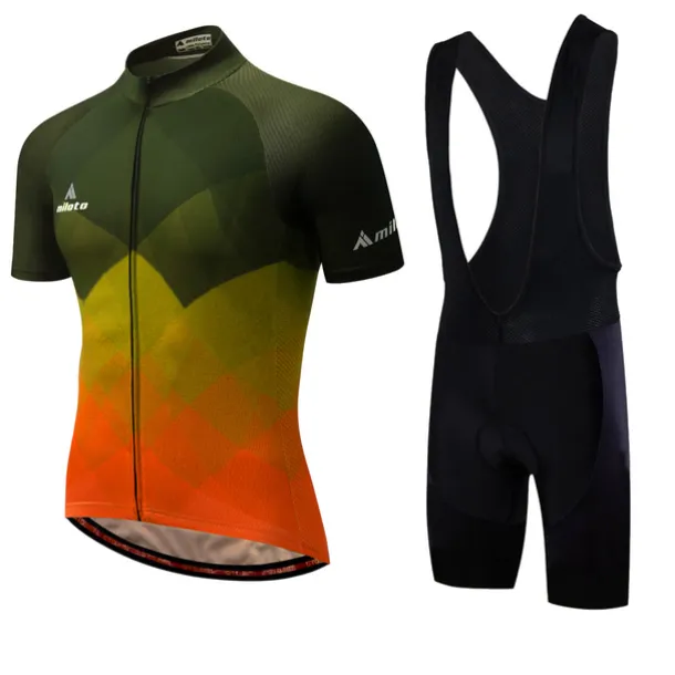 Miloto Men's Cycling Jersey with Bib Shorts Short Sleeve Mountain Bike MTB Road Bike Cycling Black White Yellow Gradient Plaid Checkered Bike Clothing Suit 3D Pad Breathable Quick Dry Reflective