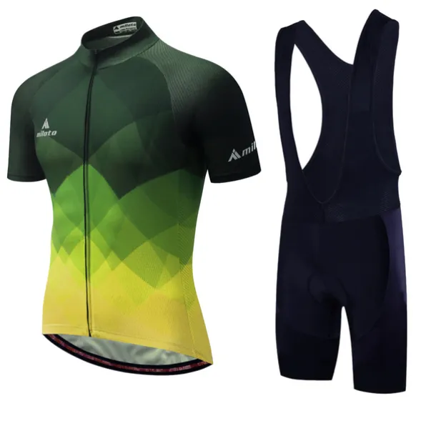 Miloto Men's Cycling Jersey with Bib Shorts Short Sleeve Mountain Bike MTB Road Bike Cycling Black White Yellow Gradient Plaid Checkered Bike Clothing Suit 3D Pad Breathable Quick Dry Reflective