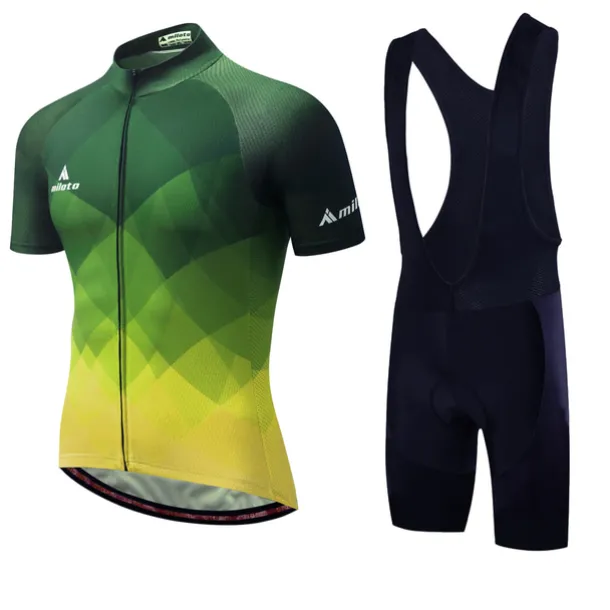 Miloto Men's Cycling Jersey with Bib Shorts Short Sleeve Mountain Bike MTB Road Bike Cycling Black White Yellow Gradient Plaid Checkered Bike Clothing Suit 3D Pad Breathable Quick Dry Reflective