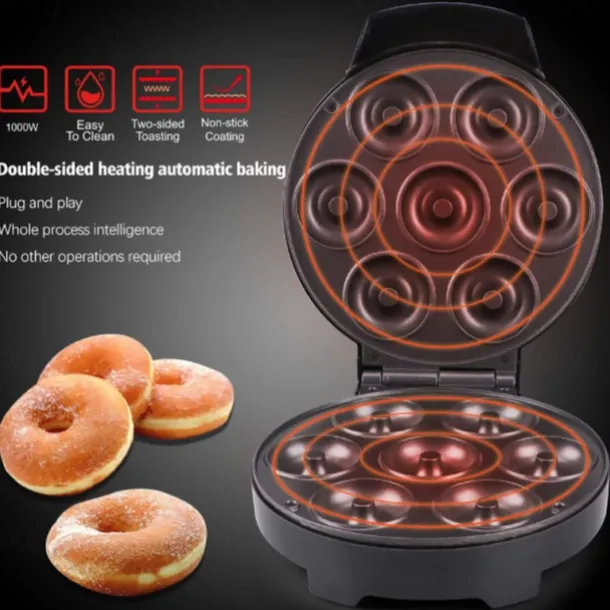 Mini Doughnut Maker Electric Non-stick Doughnut Maker Easy to Clean Makes 7 Doughnuts Makes Vegan Breakfast 1000W