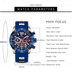 MINI FOCUS Men Quartz Watch Outdoor Sports Fashion Wristwatch Luminous Stopwatch Calendar Waterproof Silicone Gel Watch