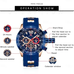 MINI FOCUS Men Quartz Watch Outdoor Sports Fashion Wristwatch Luminous Stopwatch Calendar Waterproof Silicone Gel Watch