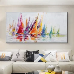 Mintura Handmade Boat Landscape Oil Paintings On Canvas Wall Art Decoration Modern Abstract Texture Picture For Home Decor Rolled Frameless Unstretched Painting