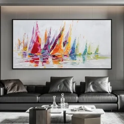 Mintura Handmade Boat Landscape Oil Paintings On Canvas Wall Art Decoration Modern Abstract Texture Picture For Home Decor Rolled Frameless Unstretched Painting