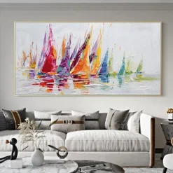 Mintura Handmade Boat Landscape Oil Paintings On Canvas Wall Art Decoration Modern Abstract Texture Picture For Home Decor Rolled Frameless Unstretched Painting