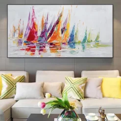 Mintura Handmade Boat Landscape Oil Paintings On Canvas Wall Art Decoration Modern Abstract Texture Picture For Home Decor Rolled Frameless Unstretched Painting