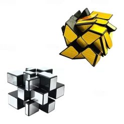 Mirror Speed Cube Set Magic Cube Pack of 2 Dysmorphism 3x3x3 Mirror Golden Wheel Cube and Mirror Silver Cube Twist Speed Cube Bundle Puzzle Games Toy for Boy and Girl and Adults