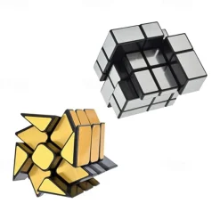 Mirror Speed Cube Set Magic Cube Pack of 2 Dysmorphism 3x3x3 Mirror Golden Wheel Cube and Mirror Silver Cube Twist Speed Cube Bundle Puzzle Games Toy for Boy and Girl and Adults