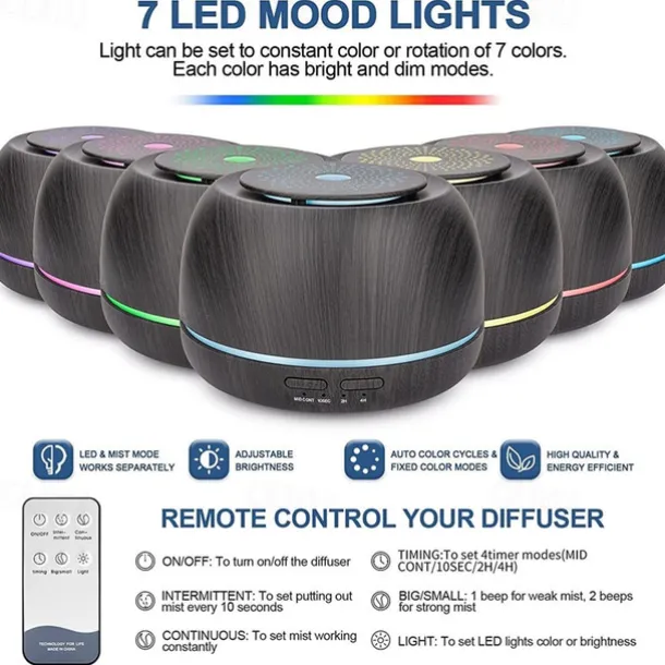 300ML Aroma Essential Oil Diffuser8 Hours Wood Grain Cool Mist Aromatherapy Diffuser with Remote ControlUSB-C Power CableTimer 7 Color Light Changing.Scent Air Humidifier for HomeBedroom