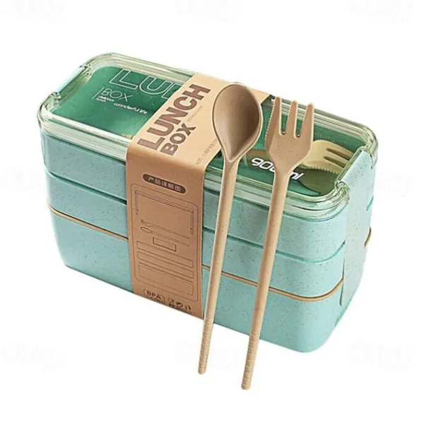 900ml Portable Lunch Box 3 Layer Wheat Straw Bento Boxes Microwave Dinnerware Food Storage Container Foodbox 1set